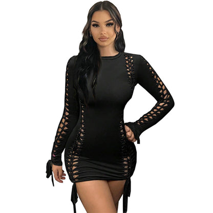 Women's Hip skirt Streetwear Round Neck Long Sleeve Solid Color Above Knee Holiday