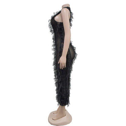 Women's Sheath Dress Elegant Round Neck Feather Sleeveless Mesh Midi Dress Banquet