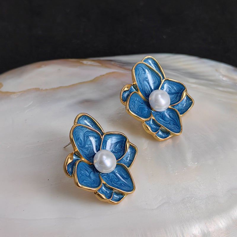Vintage Enamel Flower Drop Earrings with S925 Posts