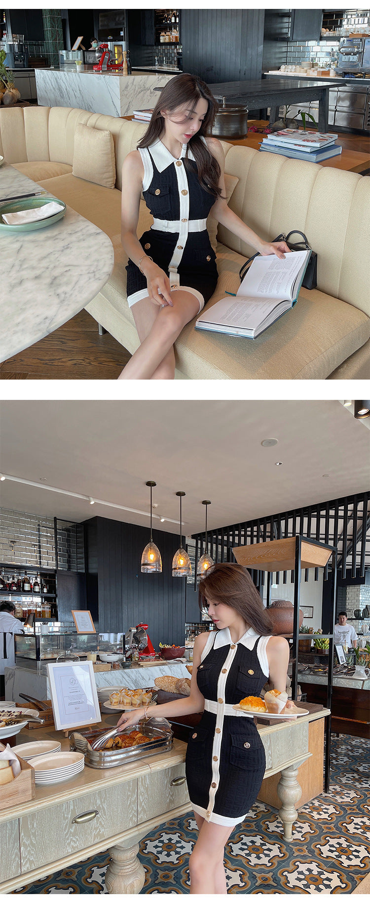 Women's Sheath Dress Elegant Turndown Contrast Binding Button Sleeveless Plaid Above Knee Daily