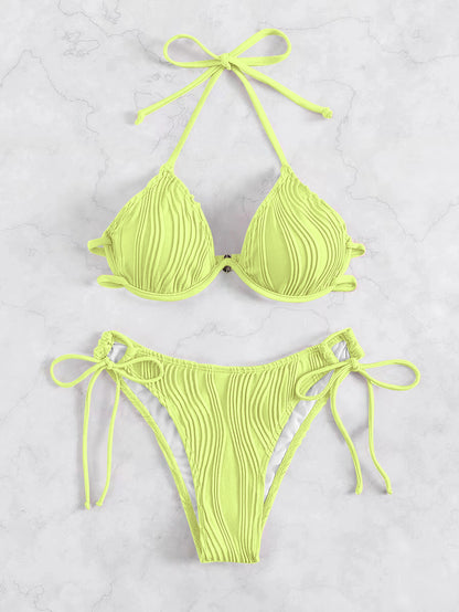 Women's Solid Color Stripe 2 Pieces Set Bikinis Swimwear