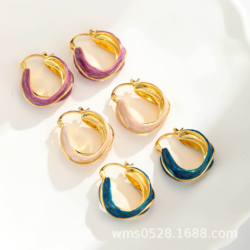中古vintage珐琅釉彩耳订铜镀真金耳饰欧美复古百搭女耳坠批发
