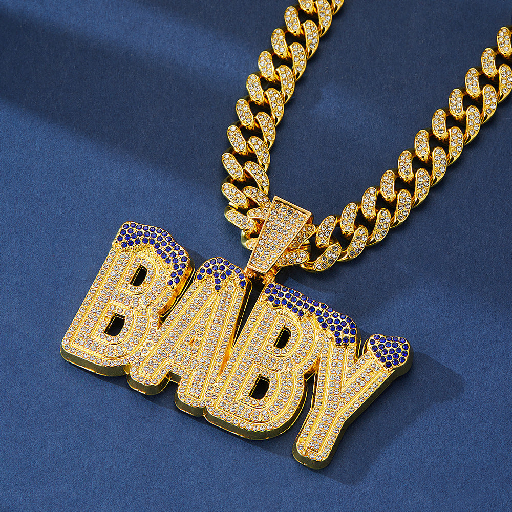 Cross-Border Hot Selling Men's Street Colorful Crystals English Letter Baby Pendant Rapper Hip Hop Cool Cuban Link Chain
