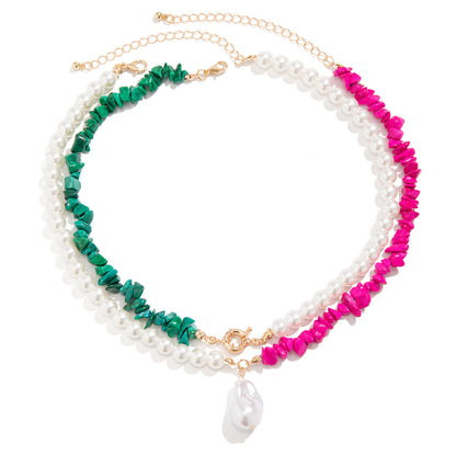 Retro Vacation Geometric Imitation Turquoise Imitation Pearl Alloy Beaded Chain Layered Necklaces