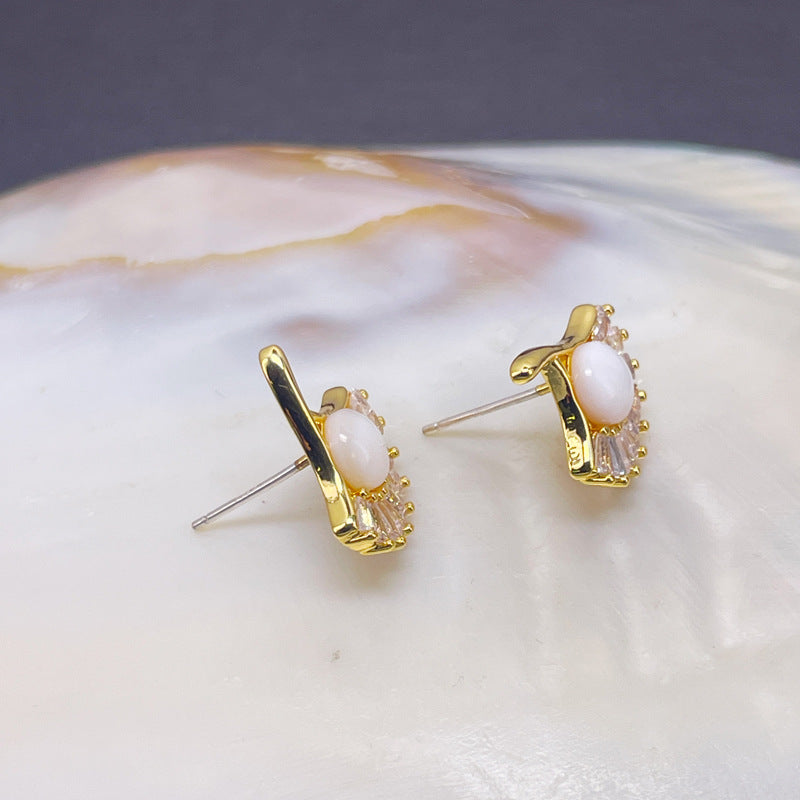 Ginkgo Leaf Shell Zircon Stud Earrings with S925 Posts