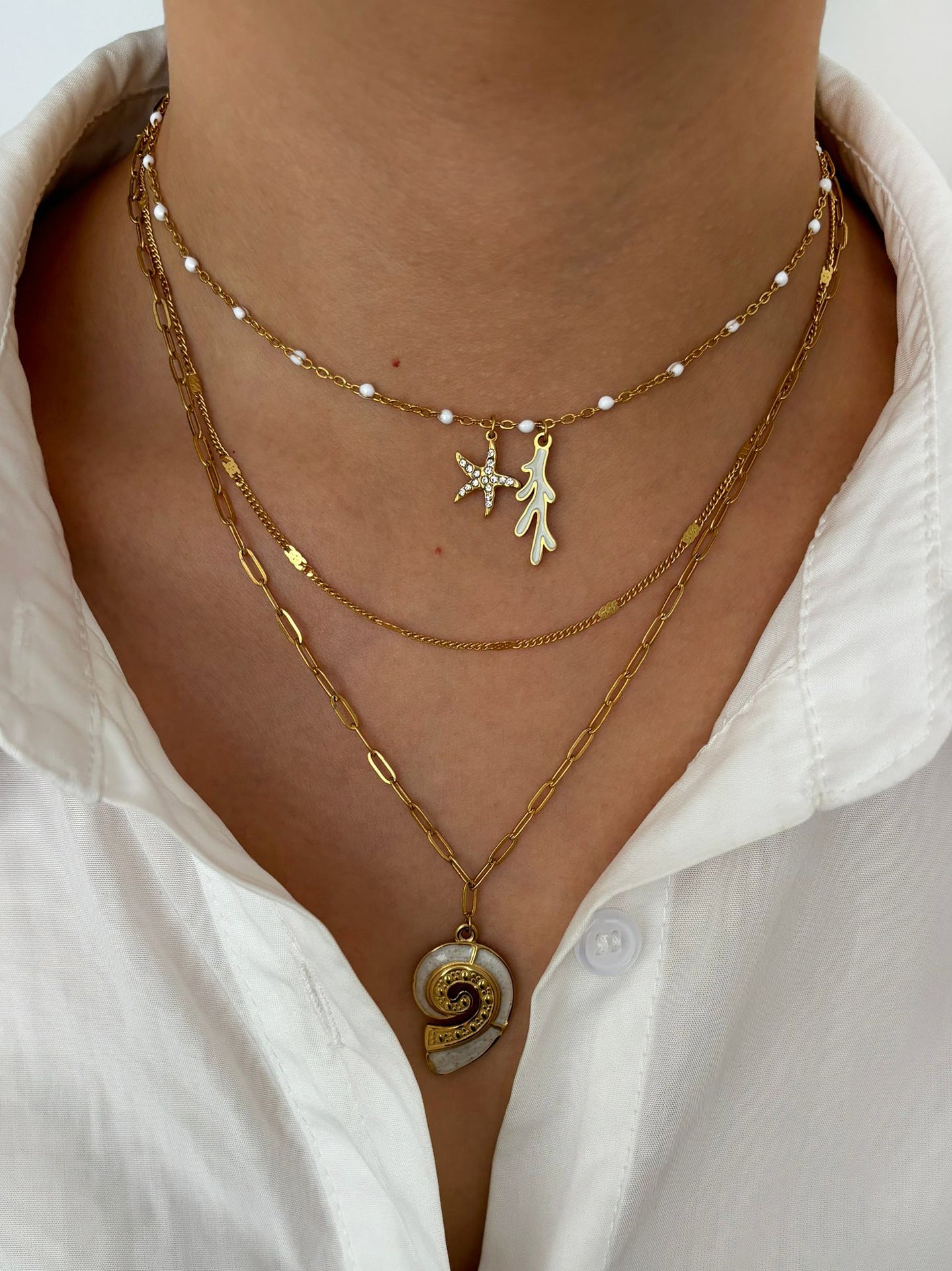 Jewelry Marine Style Beach Starfish Conch 316L Stainless Steel  18K Gold Plated Pendant Necklace