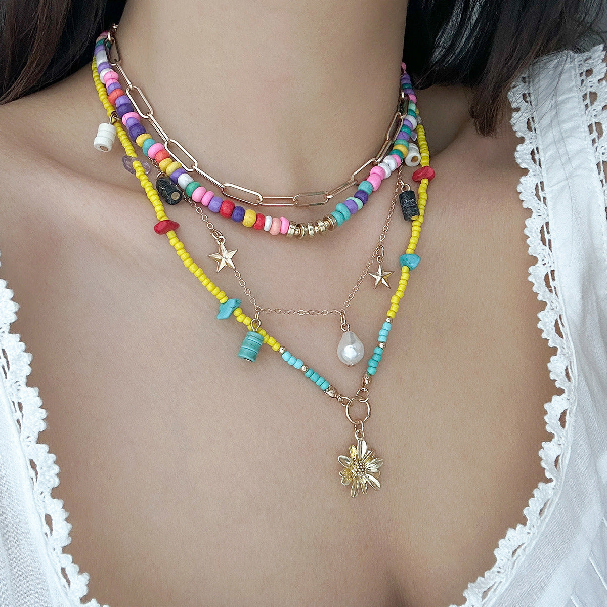 Vacation Pastoral Geometric Alloy Seed Bead Beaded Chain Layered Necklaces