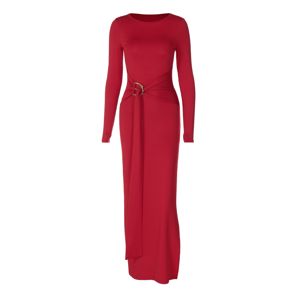 Women's Sheath Dress Elegant Round Neck Thigh Slit Long Sleeve Solid Color Maxi Long Dress Banquet Daily