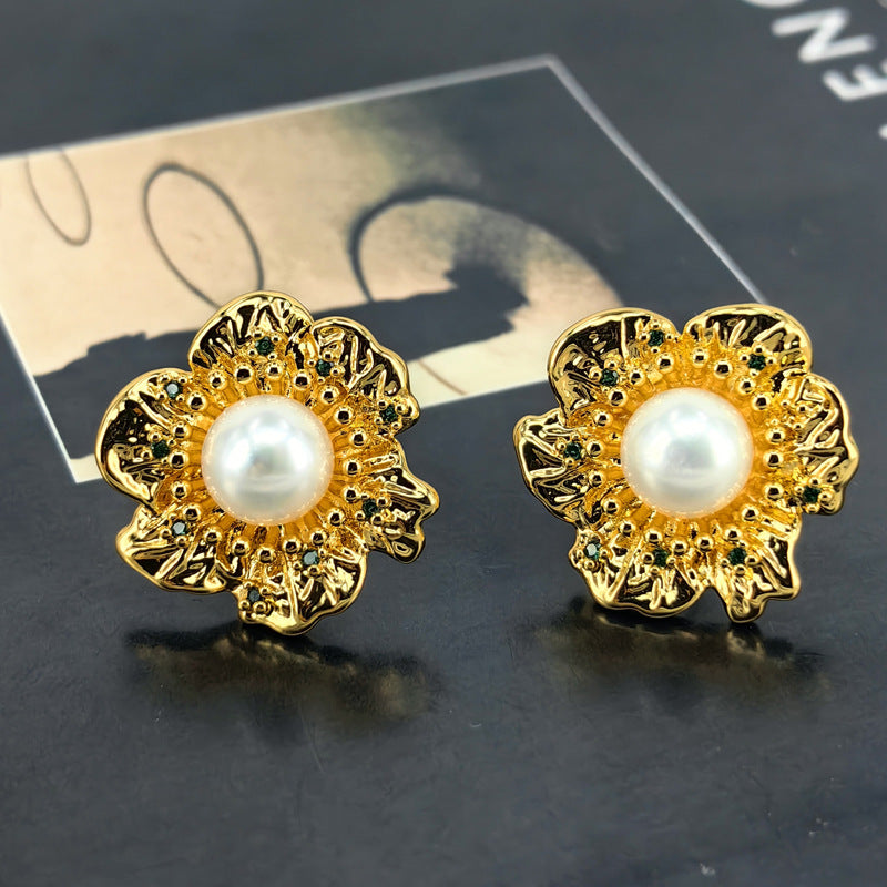 Vintage Flower Pearl Stud Earrings with S925 Posts