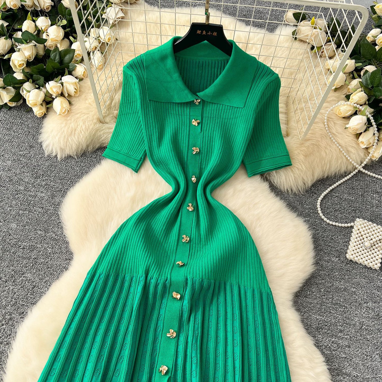 Women's Sheath Dress Simple Style Turndown Button Short Sleeve Solid Color Midi Dress Holiday