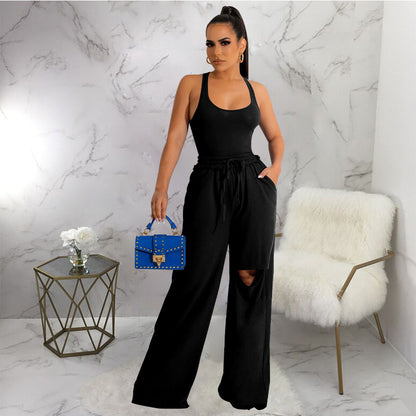 women's streetwear solid color spandex polyester twilled satin patchwork ripped pants sets