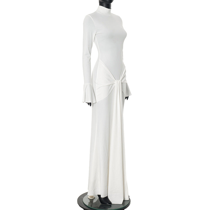 Women's Sheath Dress Streetwear Turtleneck Ribbon Long Sleeve Solid Color Maxi Long Dress Holiday