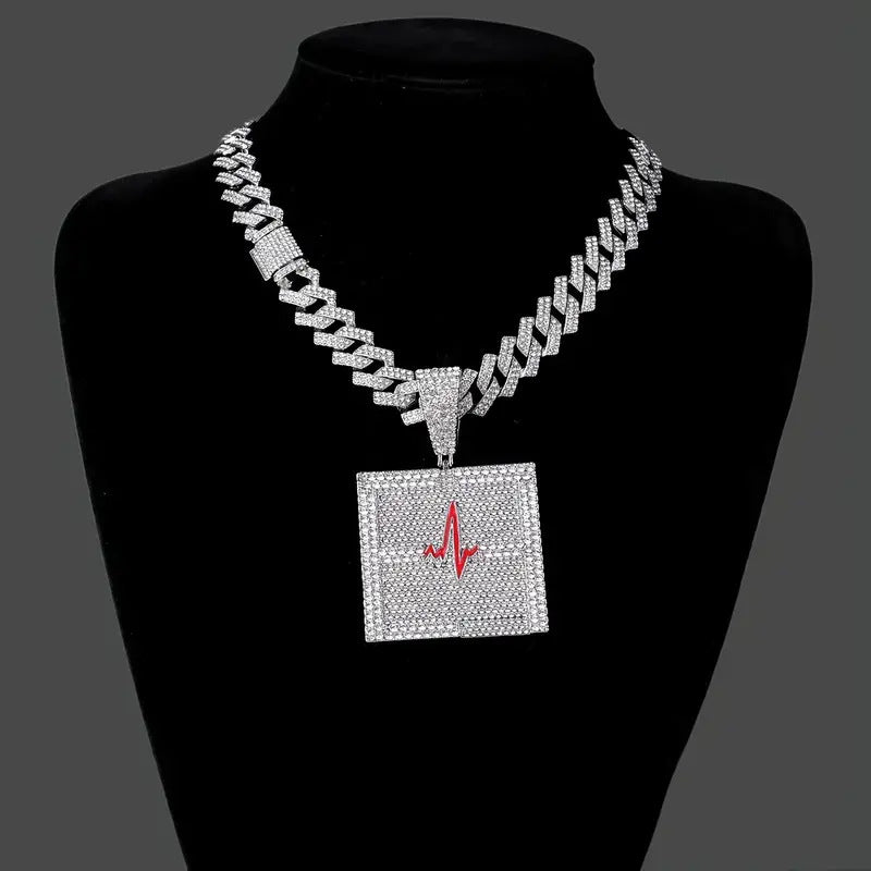 Cross-Border New Arrival European and American Hip Hop Style Dripping Oil Full Diamond Heartbeat Pulse Pendant Necklace High Quality Men's Cuban Link Chain