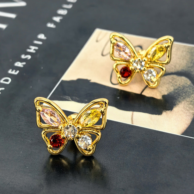 Colorful Zircon Butterfly Stud Earrings with S925 Posts