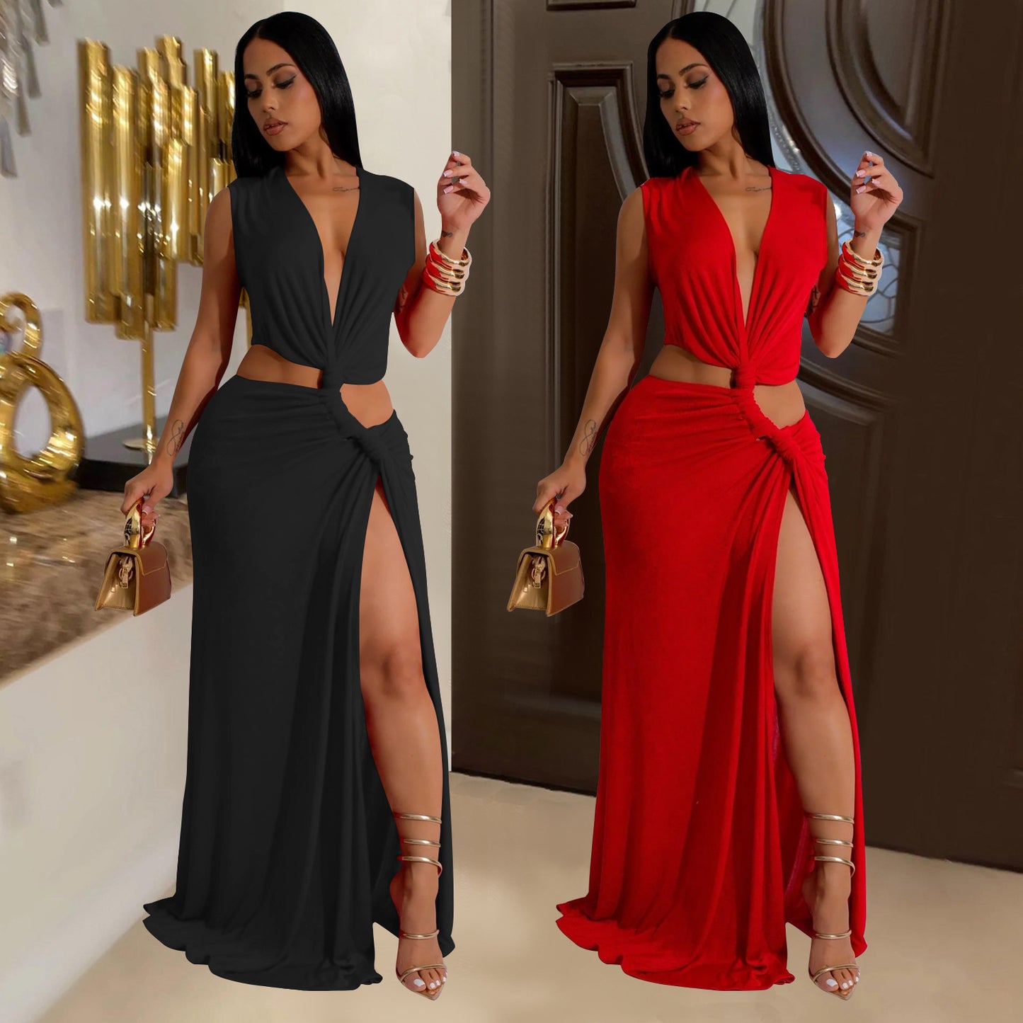 Women's Sheath Dress Elegant Deep V Thigh Slit Sleeveless Solid Color Maxi Long Dress Banquet