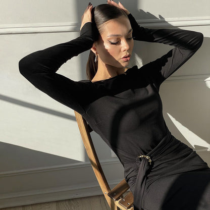 Women's Sheath Dress Elegant Round Neck Thigh Slit Long Sleeve Solid Color Maxi Long Dress Banquet Daily