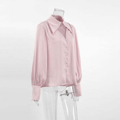 Women's Blouse Long Sleeve Blouses Hollow Out Elegant Stripe