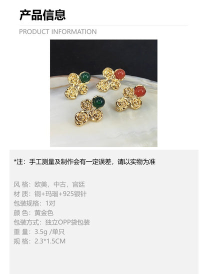 法式中古vintage耳钉复古宫廷玛瑙耳环不规则花朵耳饰925银针批发