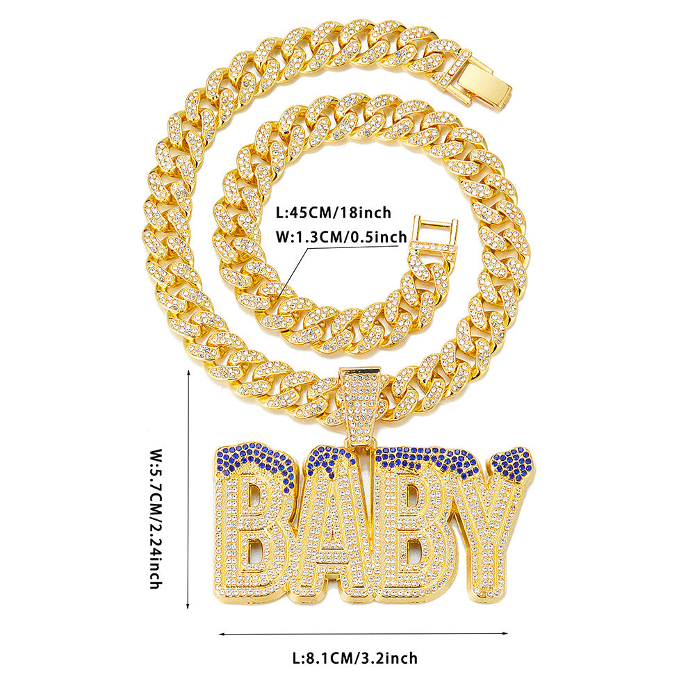 Cross-Border Hot Selling Men's Street Colorful Crystals English Letter Baby Pendant Rapper Hip Hop Cool Cuban Link Chain