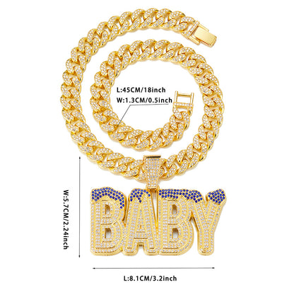 Cross-Border Hot Selling Men's Street Colorful Crystals English Letter Baby Pendant Rapper Hip Hop Cool Cuban Link Chain