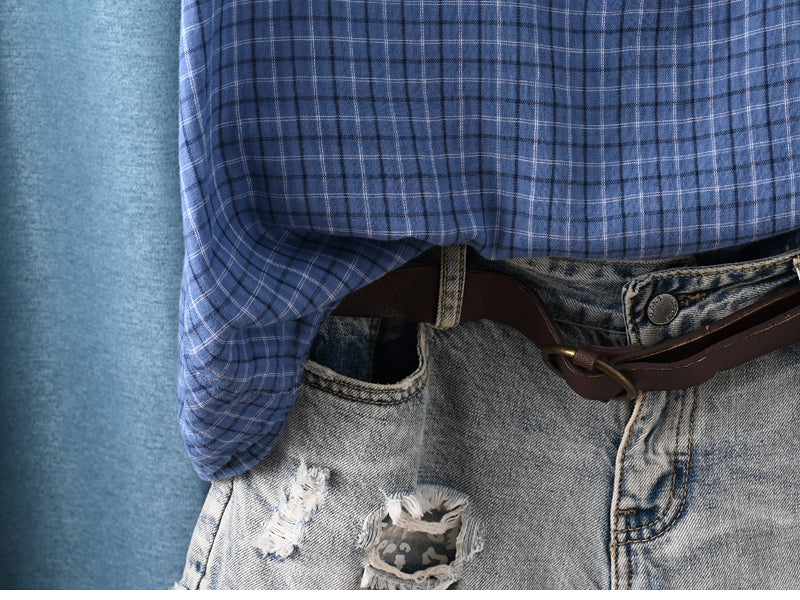 Women Summer Plaid Stand Collar 100%Cotton Shirt