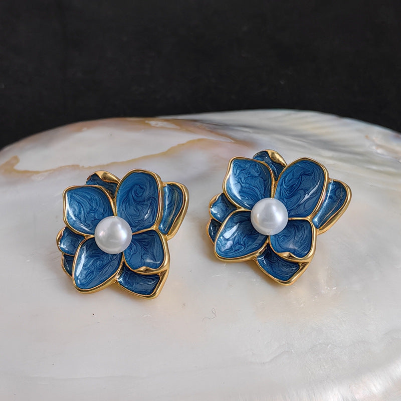 Vintage Enamel Flower Drop Earrings with S925 Posts
