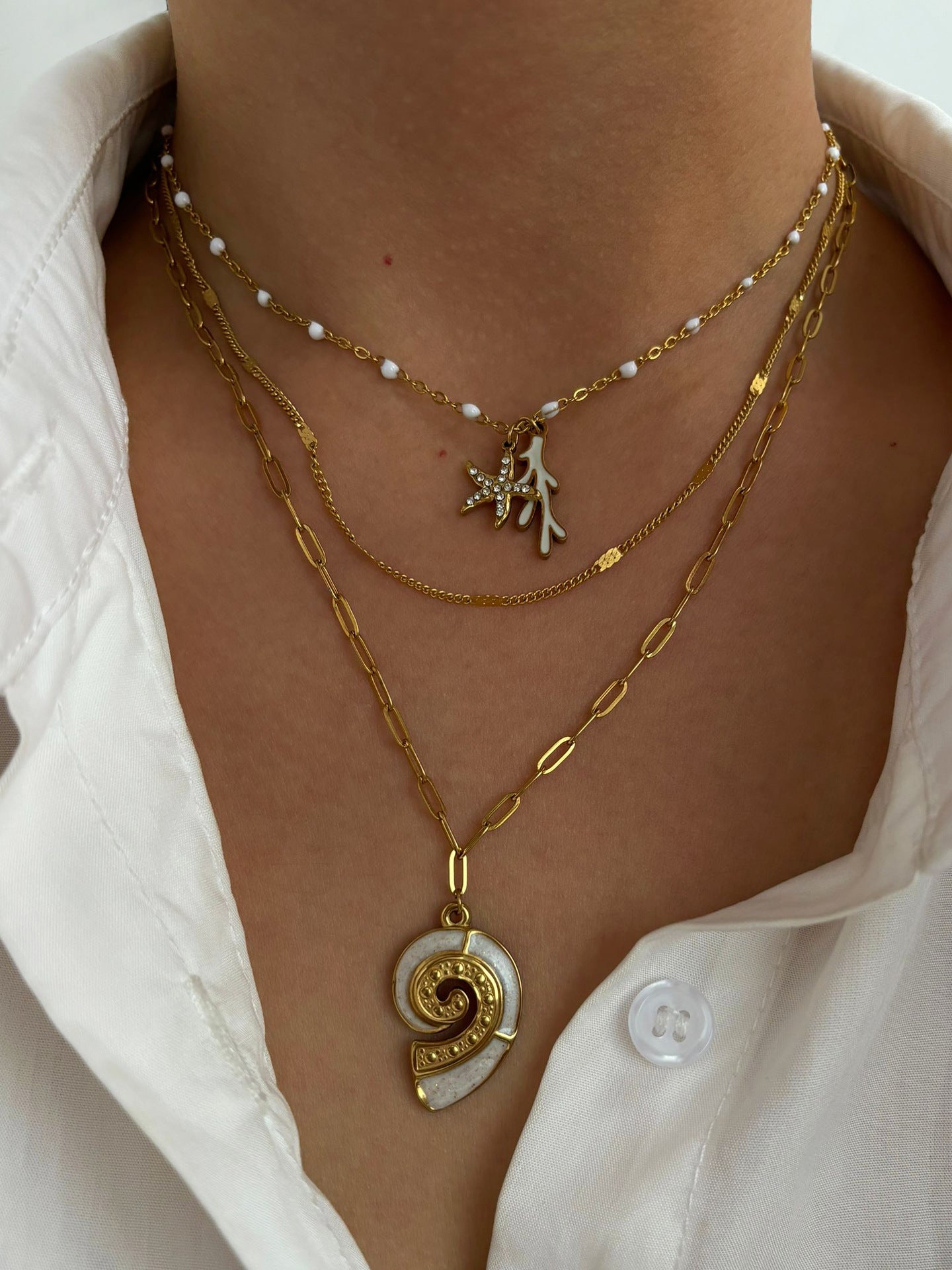 Jewelry Marine Style Beach Starfish Conch 316L Stainless Steel  18K Gold Plated Pendant Necklace
