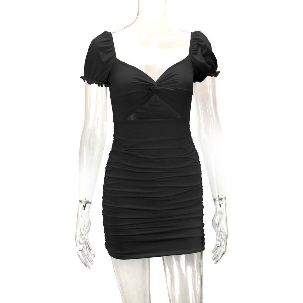 Women's Sheath Dress Vacation Simple Style U Neck Pleated Short Sleeve Solid Color Above Knee Holiday