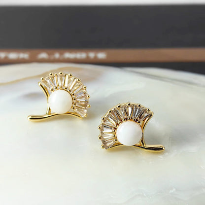 Ginkgo Leaf Shell Zircon Stud Earrings with S925 Posts