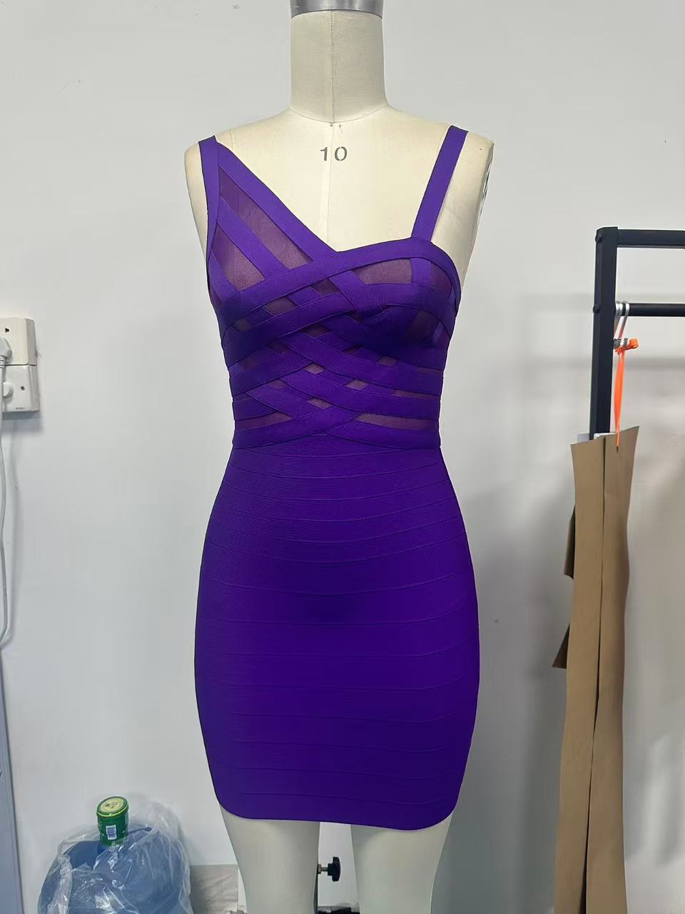Mesh Panel Cross-Bandage Bodycon Mini Dress in Purple