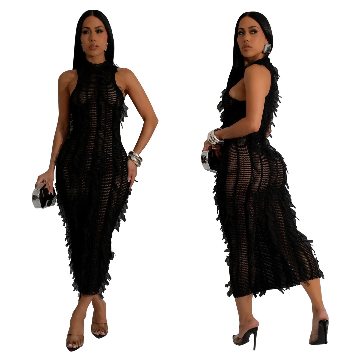 Women's Sheath Dress Elegant Round Neck Feather Sleeveless Mesh Midi Dress Banquet
