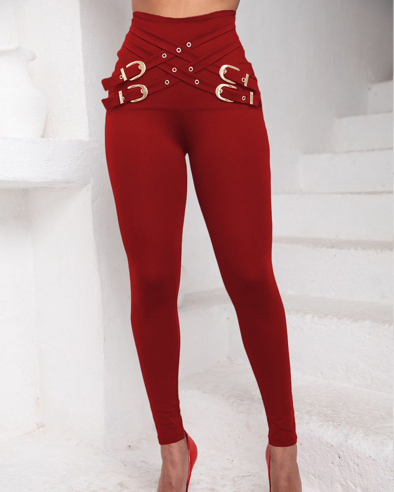 Women's Daily Casual Hip-Hop Circle Full Length Belt Skinny Pants