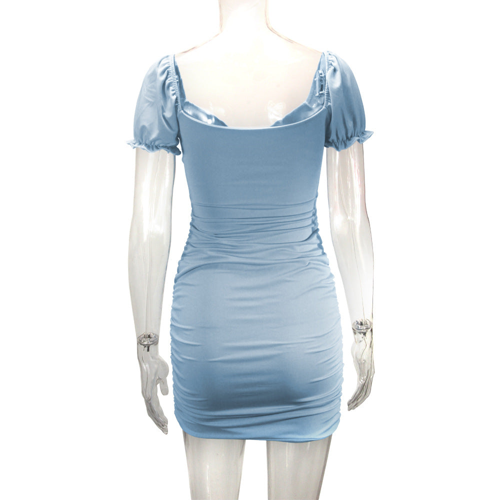 Women's Sheath Dress Vacation Simple Style U Neck Pleated Short Sleeve Solid Color Above Knee Holiday