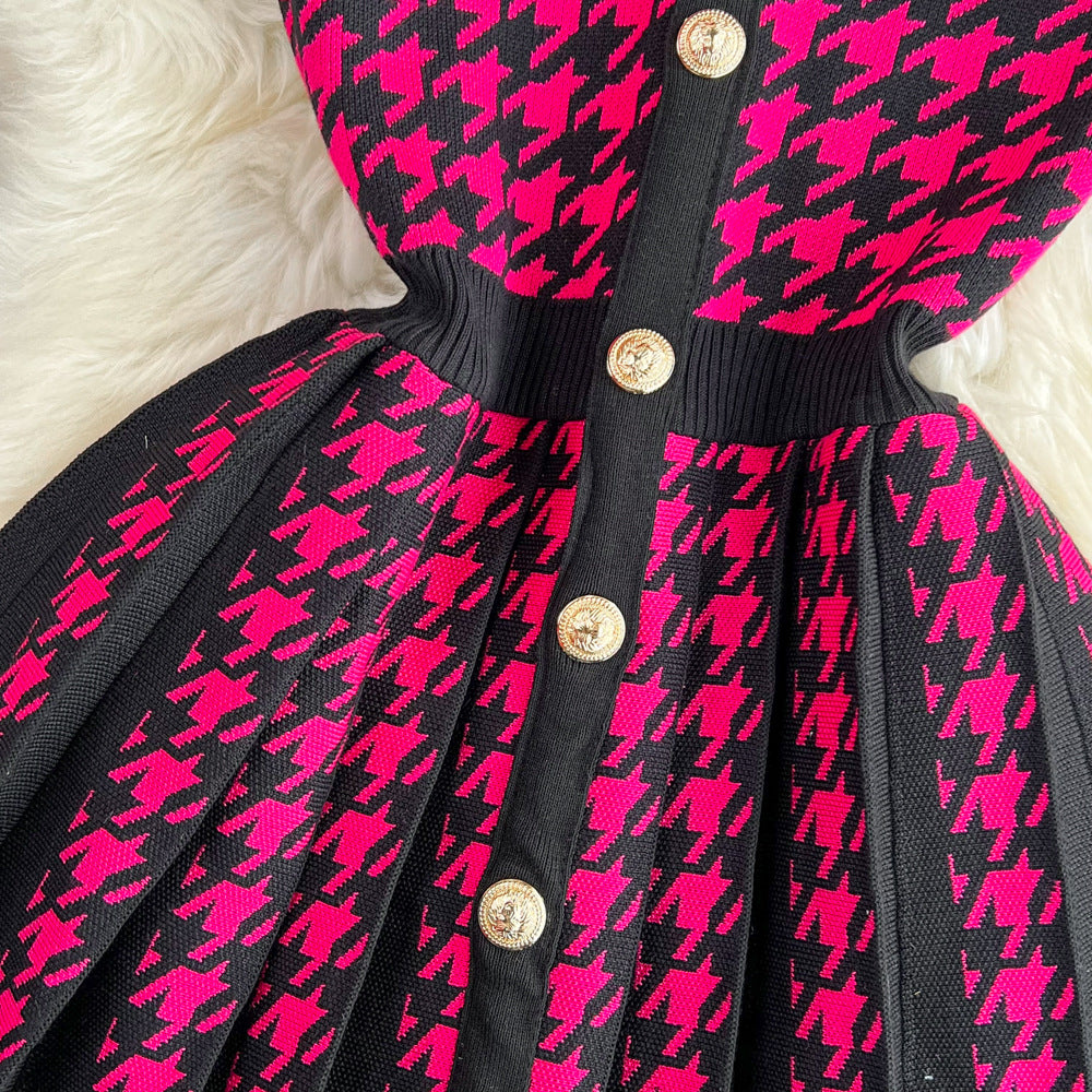 Women's Sheath Dress Elegant Round Neck Button Sleeveless Houndstooth Above Knee Daily