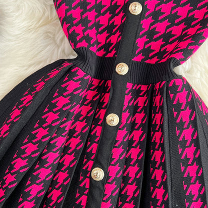 Women's Sheath Dress Elegant Round Neck Button Sleeveless Houndstooth Above Knee Daily