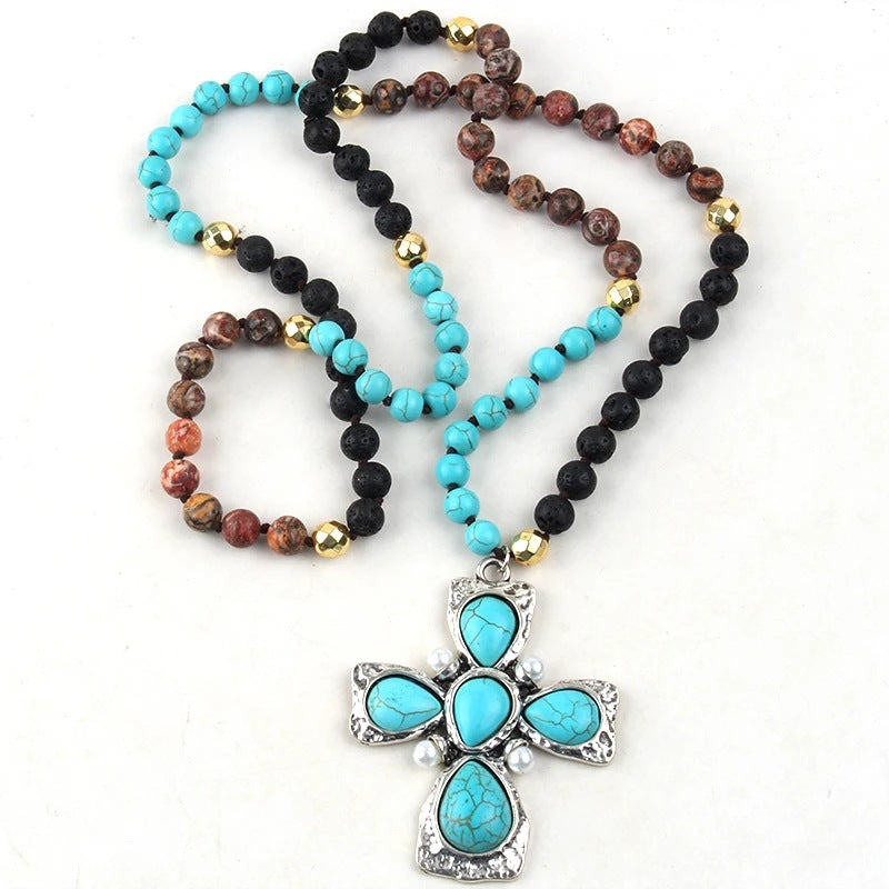 Retro Bohemian Cross natural stone Beaded Chain Pendant Necklace In Bulk Natural stone necklace