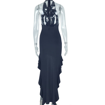 Women's Sheath Dress Elegant Sexy Halter Neck Pleated Sleeveless Solid Color Asymmetrical Dress Banquet