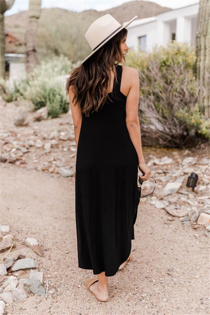 casual solid color halter neck sleeveless patchwork polyester maxi long dress irregular skirt