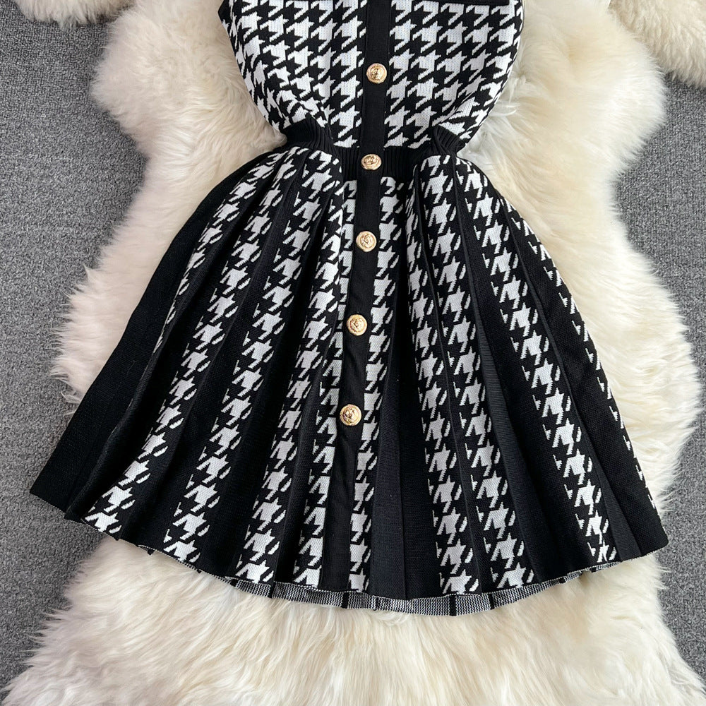 Women's Sheath Dress Elegant Round Neck Button Sleeveless Houndstooth Above Knee Daily