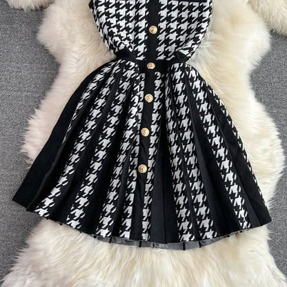 Women's Sheath Dress Elegant Round Neck Button Sleeveless Houndstooth Above Knee Daily