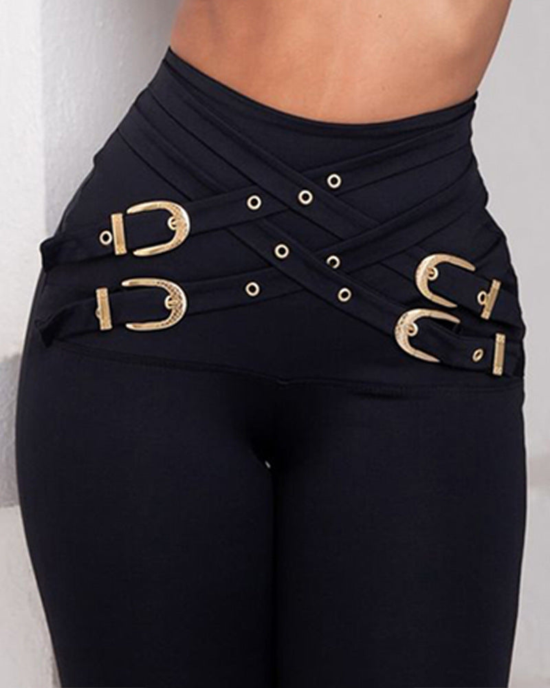 Women's Daily Casual Hip-Hop Circle Full Length Belt Skinny Pants