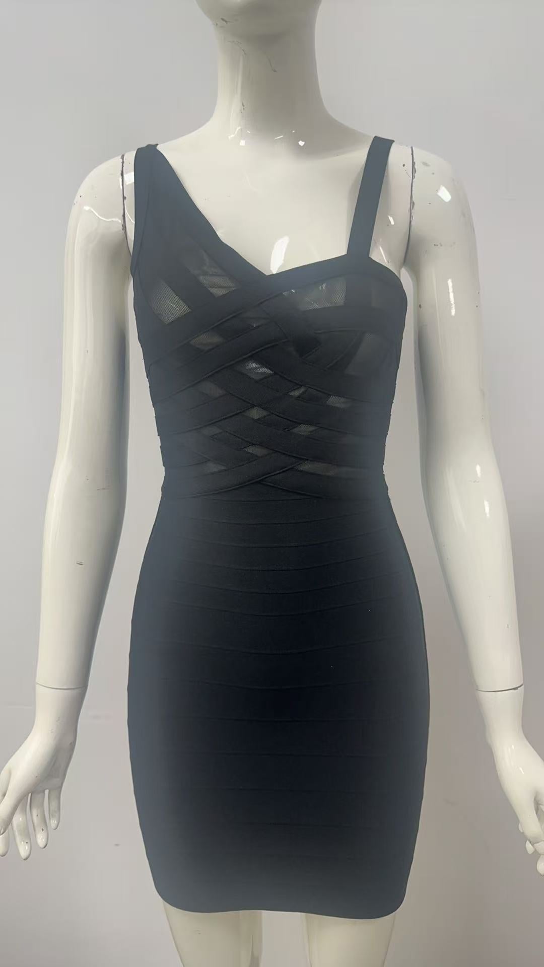 Mesh Panel Cross-Bandage Bodycon Mini Dress in Black