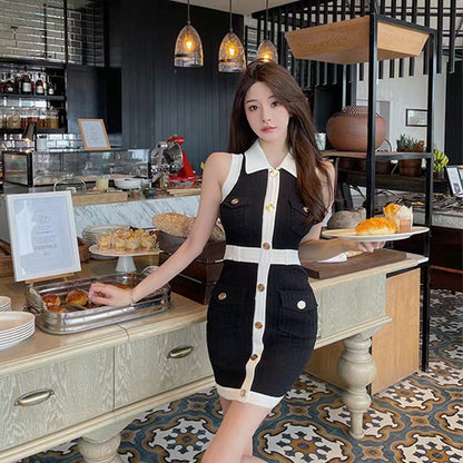 Women's Sheath Dress Elegant Turndown Contrast Binding Button Sleeveless Plaid Above Knee Daily