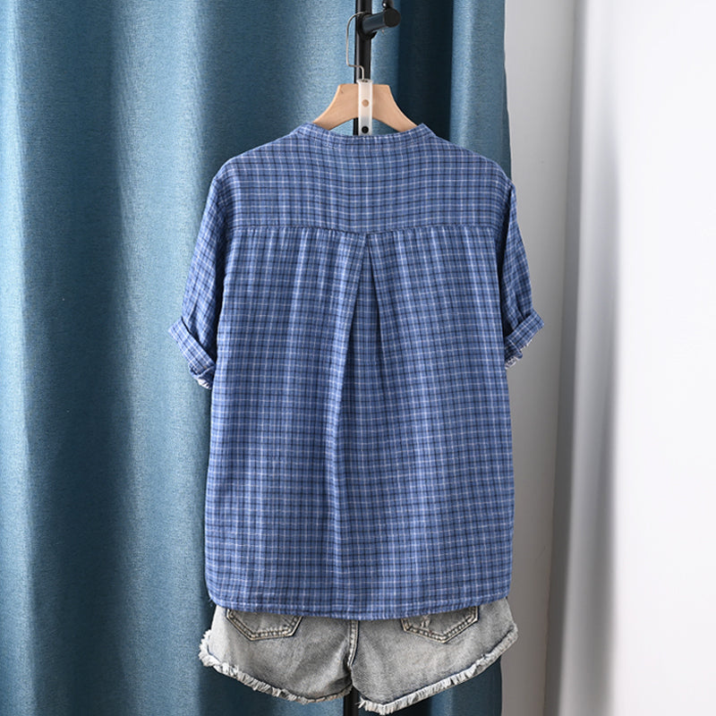 Women Summer Plaid Stand Collar 100%Cotton Shirt