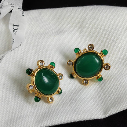 青岛vintage中古耳钉绿玛瑙饰品复古气质耳饰百搭925银针耳环批发
