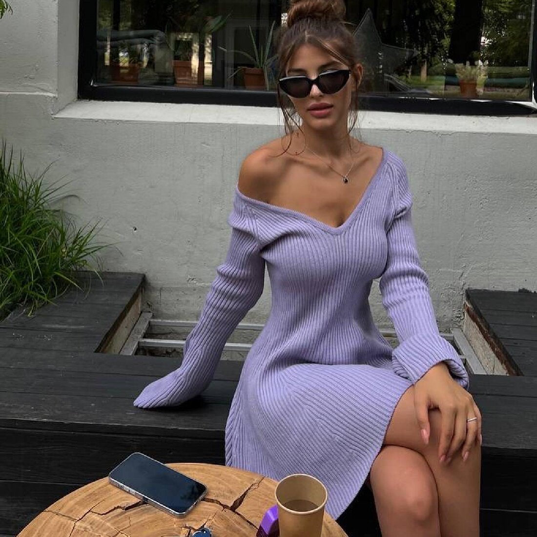 Women's Sheath Dress Simple Style V Neck Long Sleeve Solid Color Above Knee Holiday