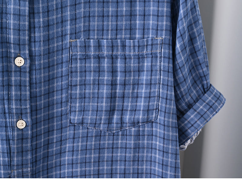 Women Summer Plaid Stand Collar 100%Cotton Shirt