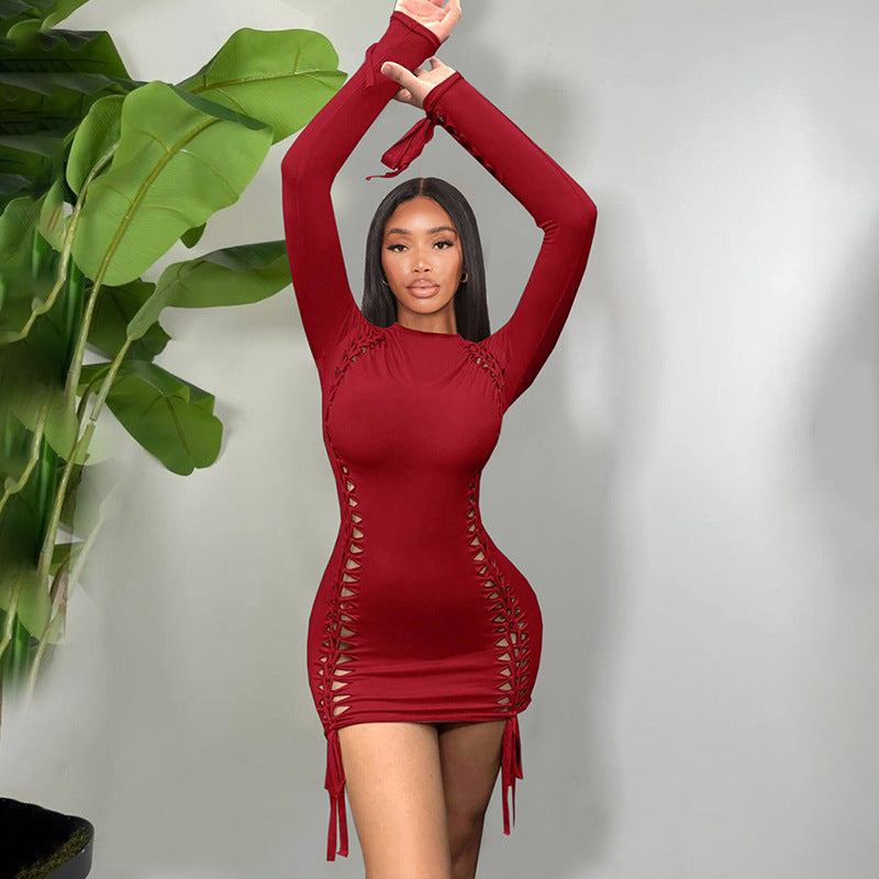 Women's Hip skirt Streetwear Round Neck Long Sleeve Solid Color Above Knee Holiday
