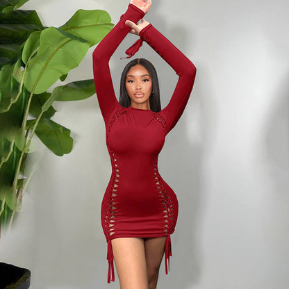 Women's Hip skirt Streetwear Round Neck Long Sleeve Solid Color Above Knee Holiday