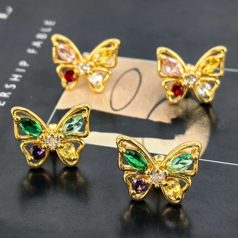 Colorful Zircon Butterfly Stud Earrings with S925 Posts